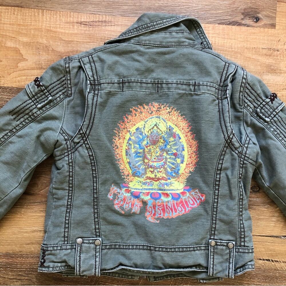 True Religion Kids’ Denim Jacket Distressed Green Embroidered Size 7